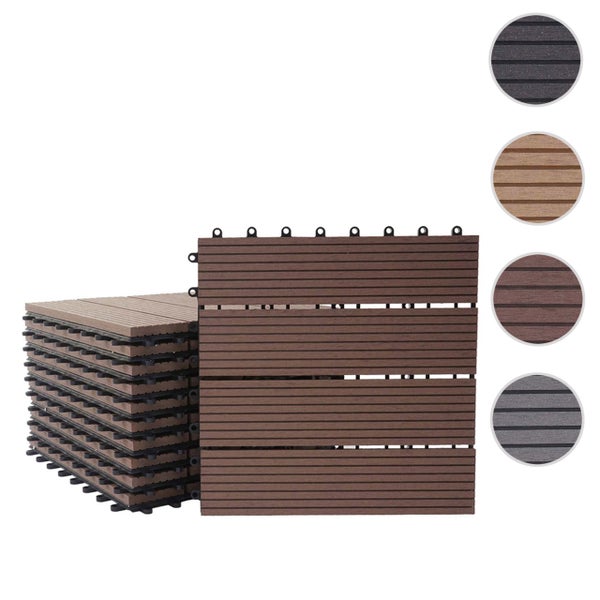 WPC-Terrassenfliese mit Klicksystem, geriffelte Oberfläche, Stapel und Einzelansicht.