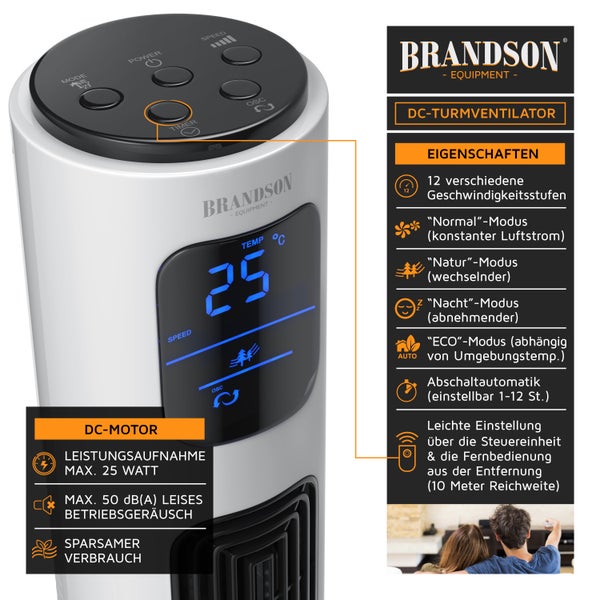 Brandson ECO Turmventilator Silent, 12 Leistungsstufen, Ventilator Standventilator mit DC-Motor, Timer, inkl. Fernbedienung, sehr leise