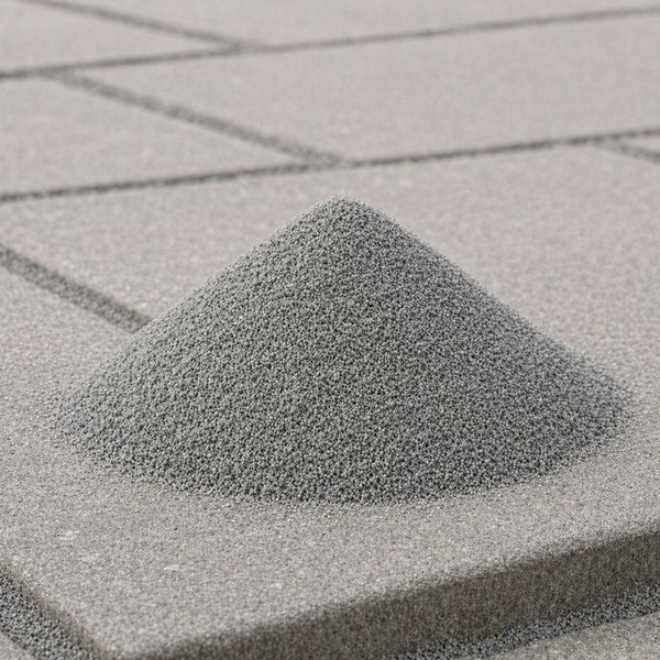 Ein Haufen aus feinem Fugensand auf gepflasterten Terrassenplatten.