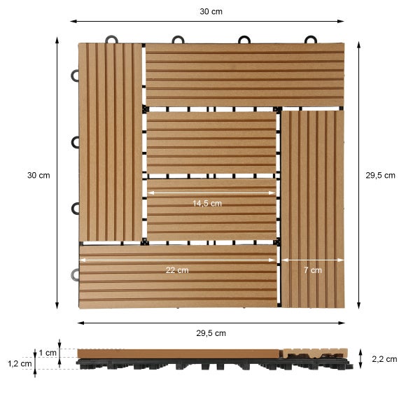 WPC-Terrassenfliese in Braun mit Klicksystem, Abmessungen 30 mal 30 Zentimeter und einer Stärke von 2,2 Zentimeter.