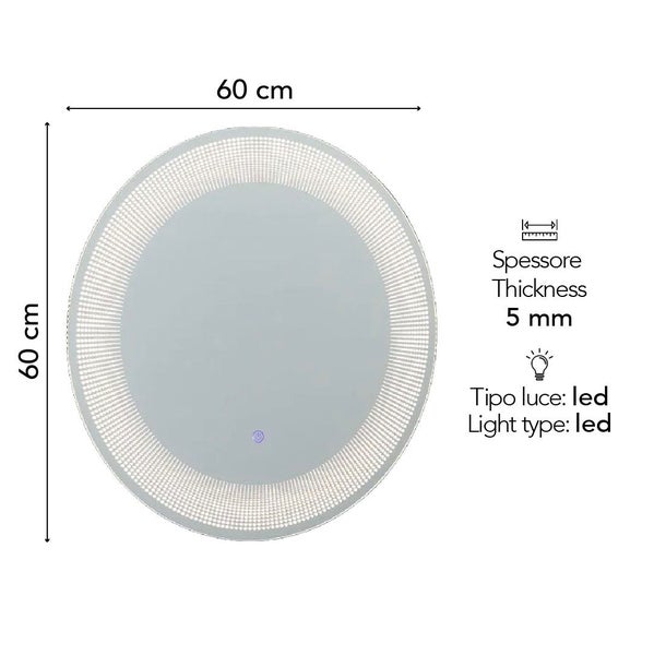 Runder Badezimmerspiegel mit LED-Beleuchtung, Durchmesser 60 Zentimeter, Stärke 5 Millimeter, mit Touch-Sensor.