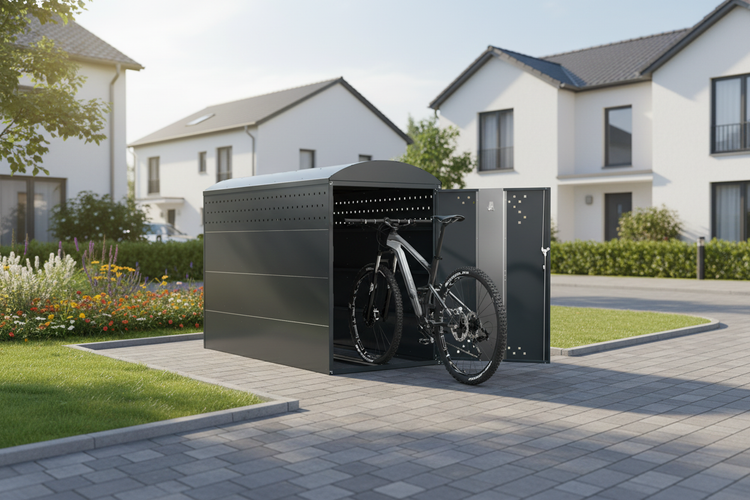 Fahrradbox im Garten mit geöffneten Türen und einem Fahrrad