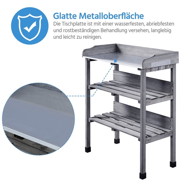 Gartentisch mit Metalloberfläche und mehreren Ablageflächen