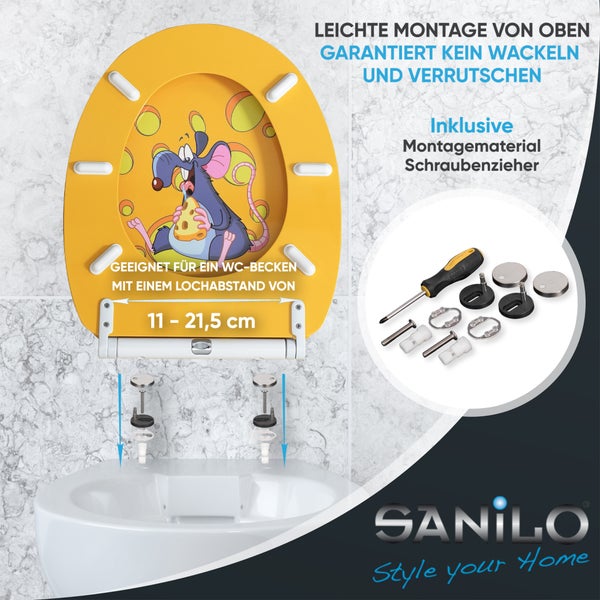 Sanilo WC-Sitz mit Maus-Motiv, Montage von oben, Lochabstand 11 bis 21,5 Zentimeter, inklusive Schraubenzieher und Montagematerial.