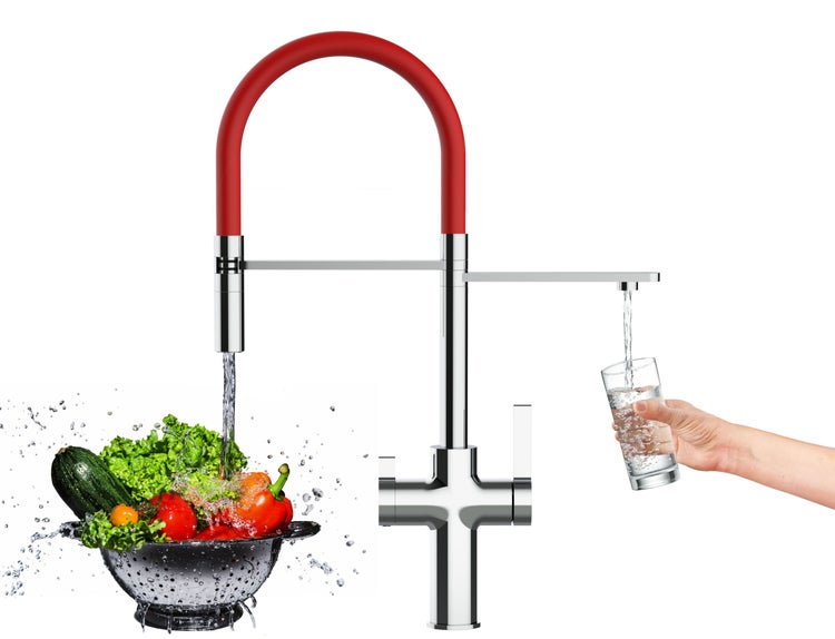 4 Wege Wasserhahn Küchenarmatur, FC, mit 360° schwenkbarem Auslauf, abnehmbare 2 strahl Handbrause, Verchromt / Rot