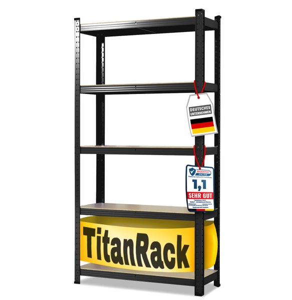 Schwarzes TitanRack Schwerlastregal aus Metall mit fünf Holzböden. TitanRack Logo. Siegel deutsches Unternehmen und sehr gute Testbewertung.
