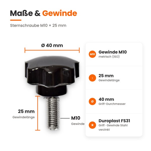 Technische Zeichnung der Sternschraube M10 x 25 Millimeter mit Maßangaben zum Durchmesser und der Gewindelänge sowie Materialinformationen.