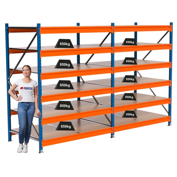 Regal mit Stahlrahmen und Holzregalböden mit einer maximalen Traglast von 850 Kilogramm pro Boden