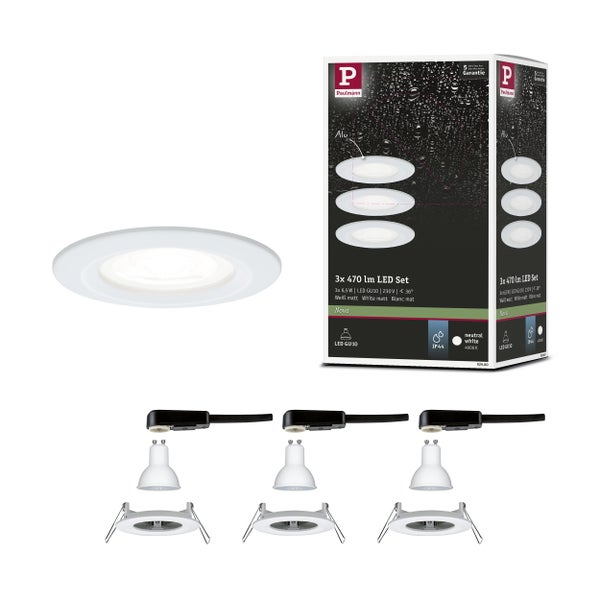 Schwarzes LED-Einbaustrahler Set mit Modul, Gehäuse und Anschlussbox. Maße in Millimeter, 3-Stufen-Dimmfunktion und 5 Jahre Garantie.
