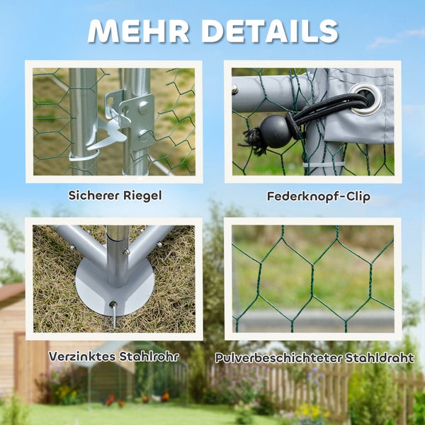 Details eines Freigeheges: Sicherer Metallriegel, Federknopf-Verschluss am Gestell, verzinktes Stahlrohr und pulverbeschichteter Stahldraht.