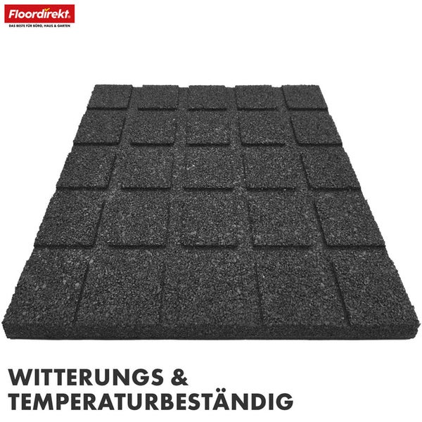 Floor direkt Logo. Quadratische, witterungsbeständige Gummifliese mit Noppenstruktur.