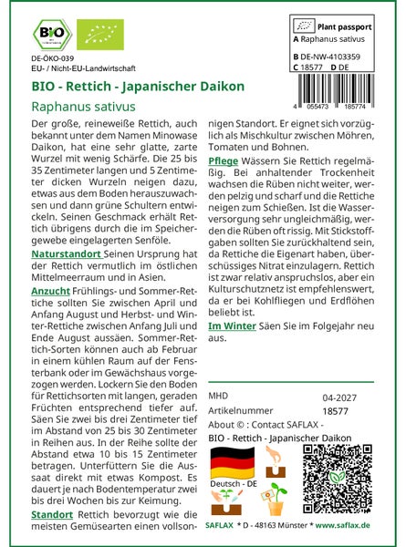 SAFLAX Anzucht Set - BIO - Rettich - Japanischer Daikon - Raphanus sativus - 100 Samen - Mit Mini-Gewächshaus, Anzuchtsubstrat und 2 Töpfen