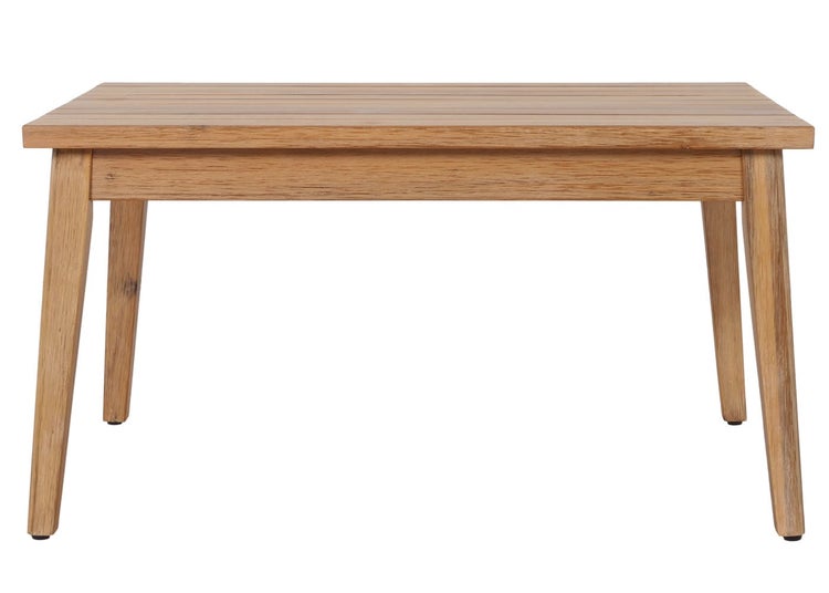 Gartentisch aus Holz mit Lattenoberfläche und vier Beinen.