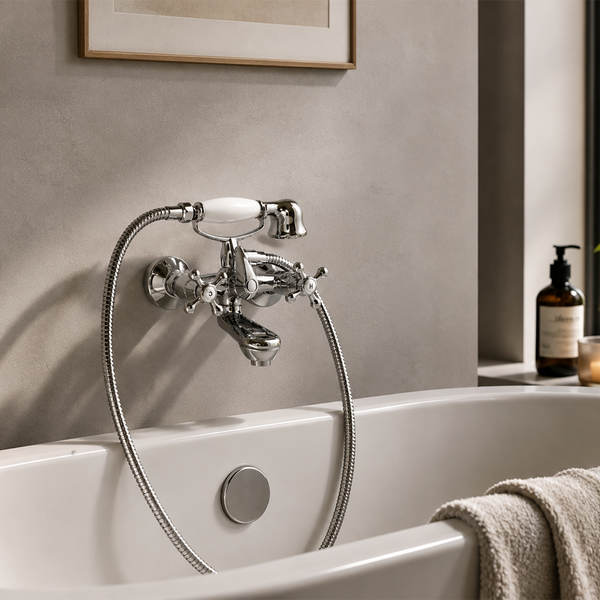 Nostalgische Badewannenarmatur in Chrom mit Handbrause, montiert über einer weißen Badewanne.
