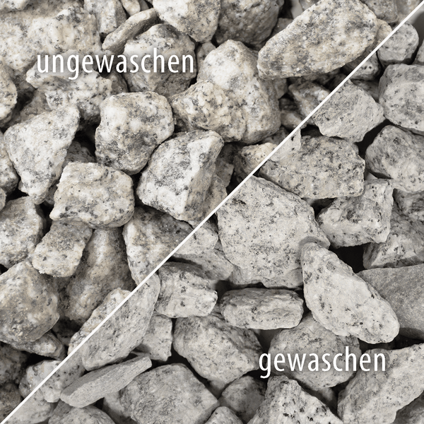 Nahaufnahme eines Vergleichs zwischen ungewaschenem und gewaschenem Granitsplitt.