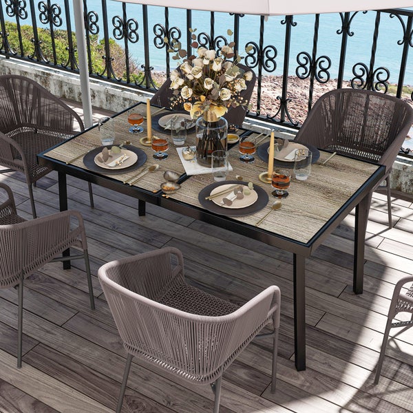 Outsunny Gartentisch, Balkontisch, 145 x 85 cm Terrassentisch für 6 Personen mit Holzoptik, Esstisch für Garten, Stahlgestell, Grau