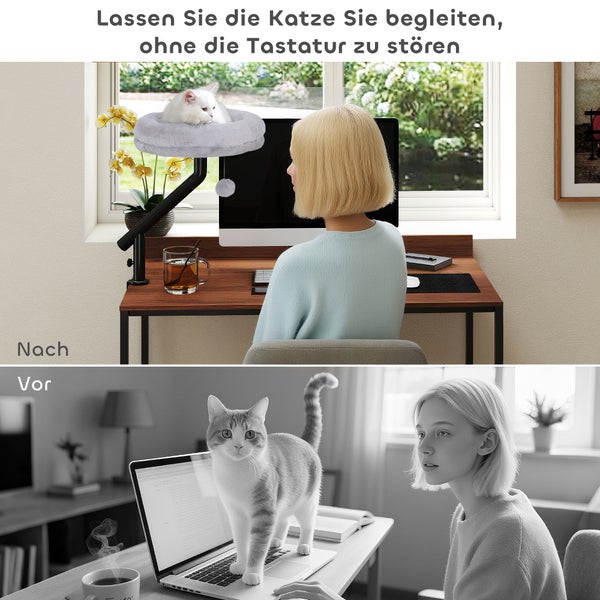 Katzenbaum am Schreibtisch mit Katze