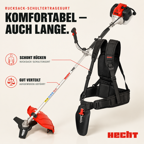 Hecht 145 Motorsense mit Rucksack-Schultertragegurt zur Entlastung des Rückens und gleichmäßigen Gewichtsverteilung.