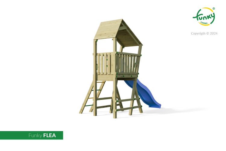 Spielturm Funky FLEA aus Holz mit Pultdach, Leiter und blauer Rutsche. Funky Combo Logo.