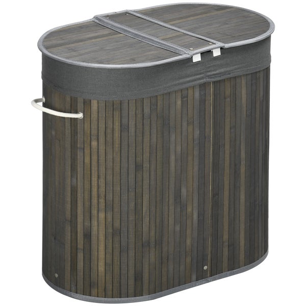 HOMCOM Bambus Wäschekorb mit Deckel 100L Wäschesammler mit Griffen, 2 herausnehmbarer Wäschesack, Wäschesortierer Wäschebox für Waschküche, Badezimmer, Schlafzimmer, Grau