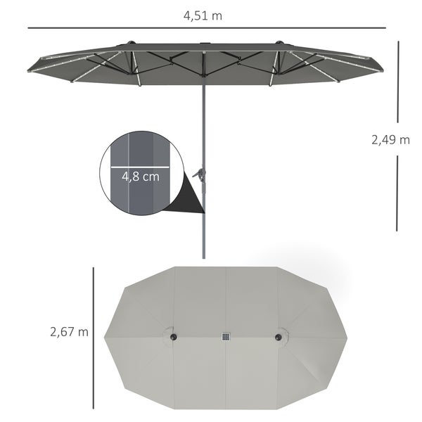 Outsunny Doppelsonnenschirm mit Solar LED Lichtern 451x267 cm Aluminium UV 50+ Sonnenschirm mit Handkurbel, Balkonschirm windfest Marktschirm Sonnenschutz für Strand Balkon Garten, Dunkelgrau