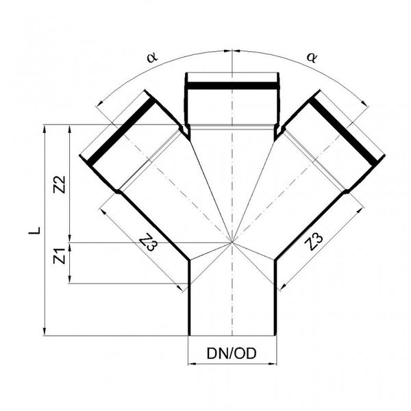 Technische Zeichnung eines Doppelabzweigs für Abwasserrohre mit Maßangaben für Durchmesser, Längen und Winkel.