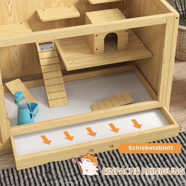 PawHut Hamsterkäfig aus Holz, 100 cm Kleintierstall, Kleintierkäfig Spielhaus für Gerbils Nagerkäfig mit Schaukeln, Leitern, zu öffnendes Dach, Hütte, Natur