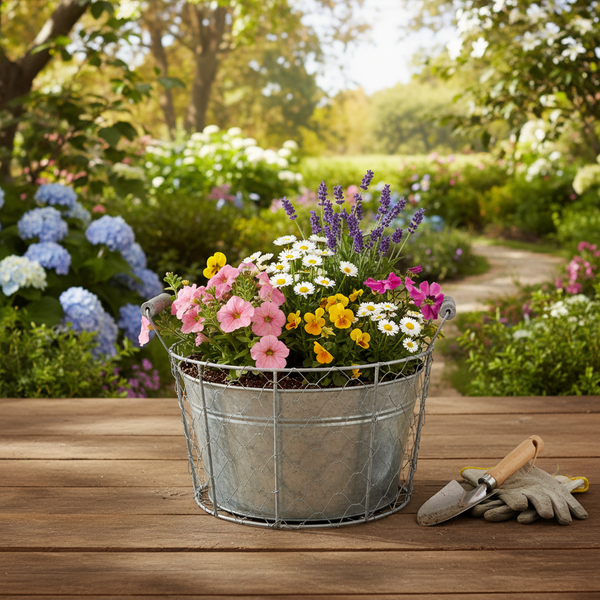 Verzinkter Metalleimer als Pflanzgefäß mit Petunien, Stiefmütterchen, Gänseblümchen und Lavendel auf einem Holztisch im Garten.