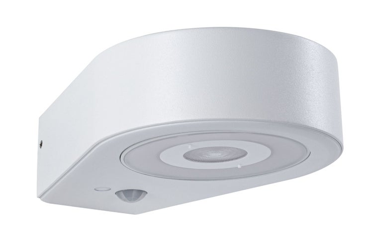 Weiße Außenwandleuchte mit Bewegungsmelder und kreisförmiger Lichtquelle.