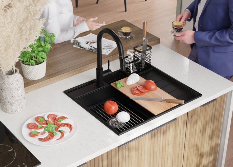 PRIMAGRAN Granitspüle Alles Schwarz 62x53cm, Spülbecken 1 Becken + Küchenarmatur 40x38cm + Ablauf-Set + Küchenzubehörset, Küchenspüle ab 45er Unterschrank - Sydney Pocket