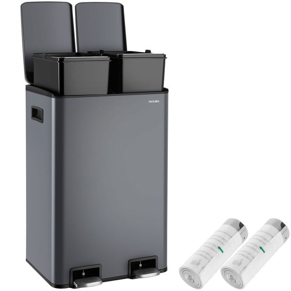Tectake Mülltrennsystem mit zwei separaten Treteimern und zwei Rollen Müllbeuteln für die Mülltrennung in der Küche.