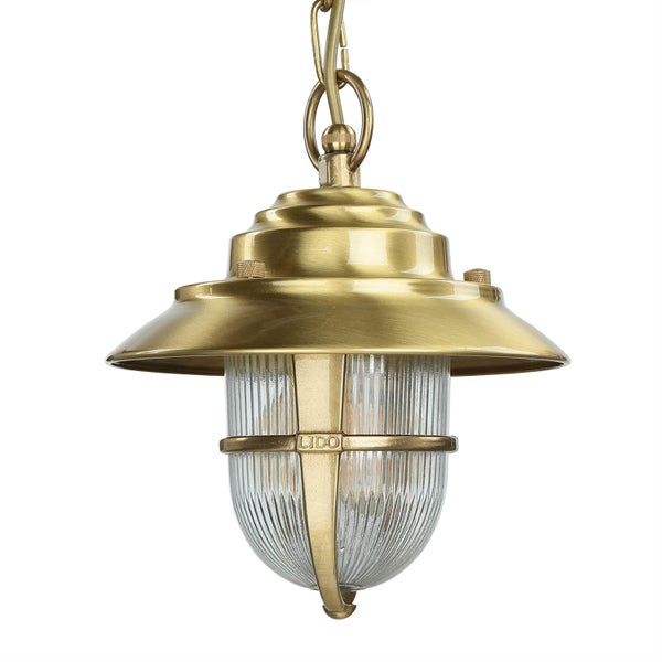 Messingfarbene Hängeleuchte mit Kettenaufhängung und geriffeltem Glas