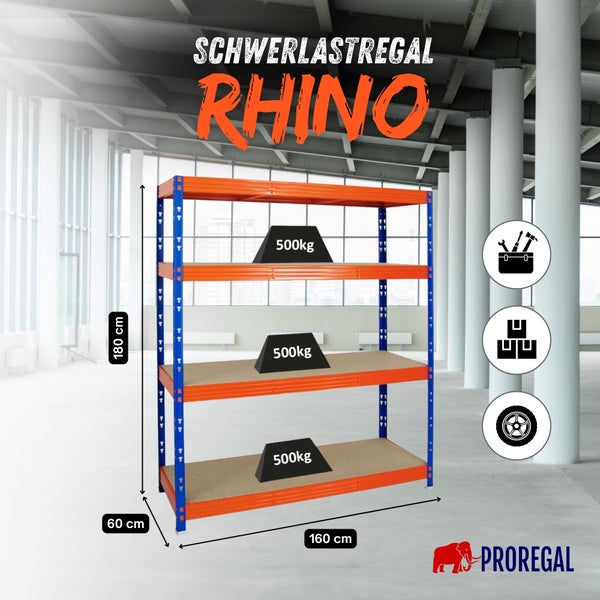 ProRegal Schwerlastregal Rhino, 180 mal 160 mal 60 Zentimeter, 4 Böden mit je 500 Kilogramm Tragkraft, für Werkzeug, Kisten und Reifen. ProRegal Logo.