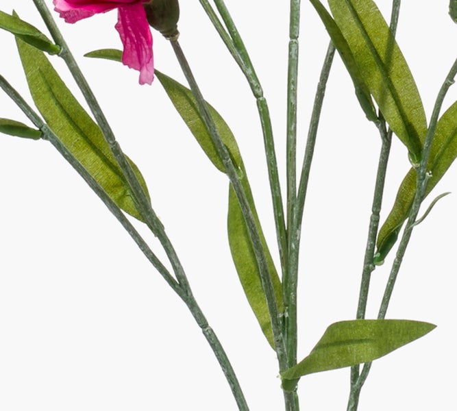 Künstliche Pflanze mit grünen Blättern und kleinen lila Knospen.