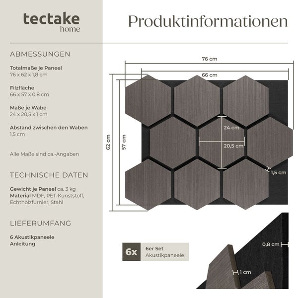 Technische Daten und Maße für sechs tectake home Akustikpaneele in Wabenform aus Holzfaserplatte, Kunststoff, Echtholzfurnier und Stahl.