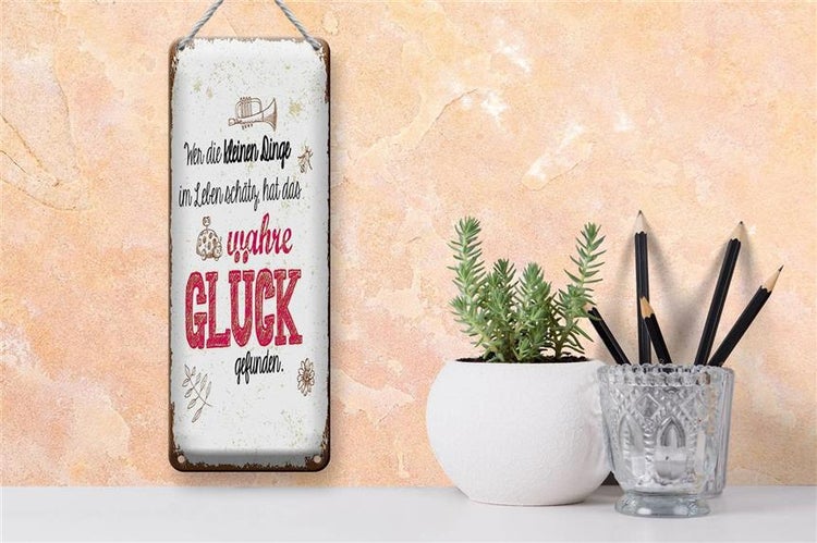 Blechschild Spruch Wer kleine Dinge schätzt hat Glück 10x27cm