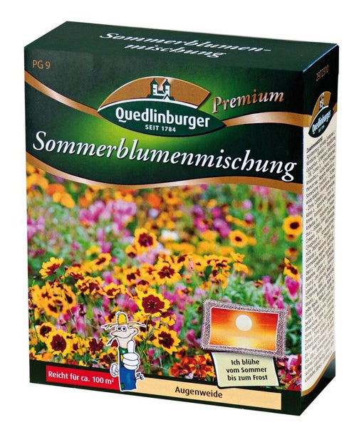 Packung Quedlinburger Sommerblumenmischung Premium für circa 100 Quadratmeter, blüht vom Sommer bis zum Frost.