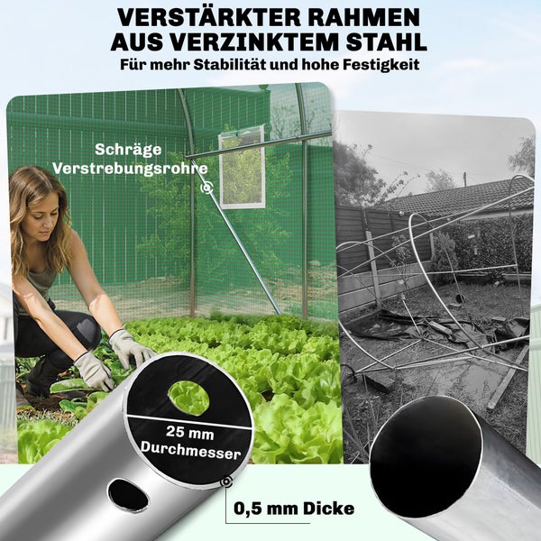Foliengewächshaus mit verstärktem Rahmen aus verzinktem Stahl, 25 Millimeter Durchmesser, 0,5 Millimeter Dicke und schrägen Verstrebungsrohren.