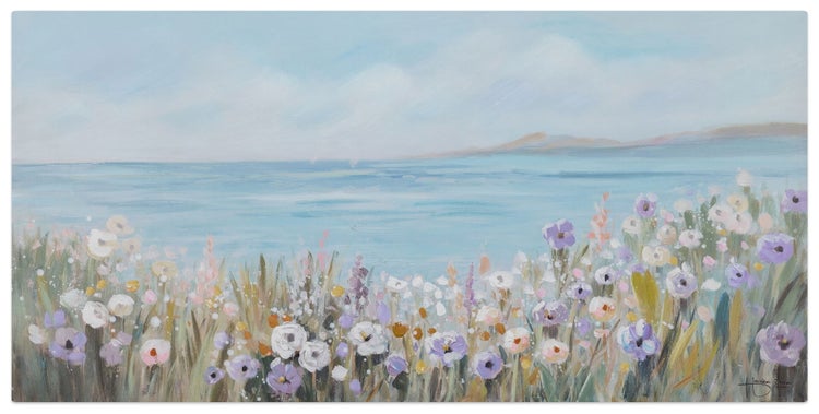 Gemälde mit Blumenwiese und Meerblick