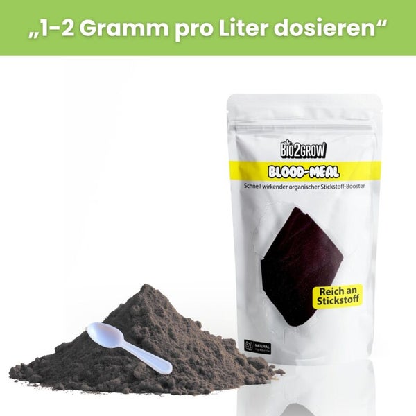 Bio2Grow Blutmehl Stickstoffdünger mit Dosierlöffel und Anwendungshinweis