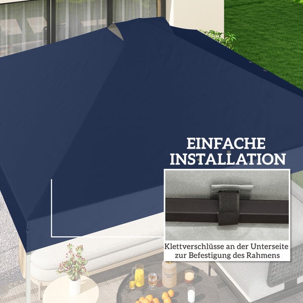 Blaues Pavillondach mit Klettverschlüssen zur einfachen Befestigung am Rahmen.