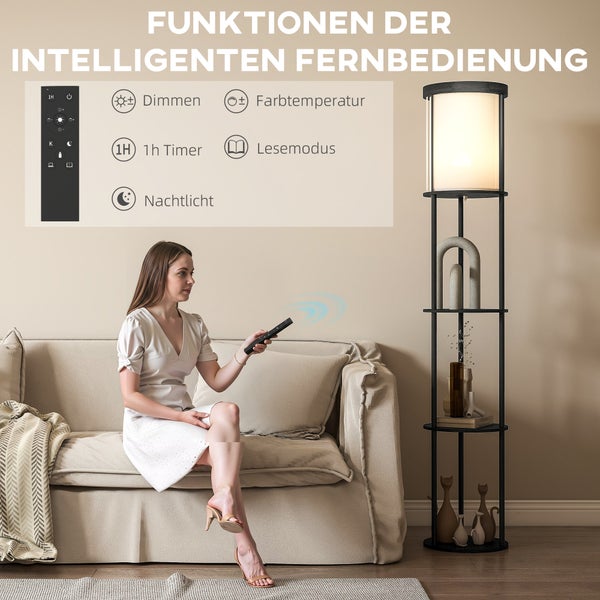 Stehlampe mit Regalfächern und Fernbedienung. Funktionen: Dimmen, Farbtemperatur, 1 Stunde Timer, Lesemodus und Nachtlicht.