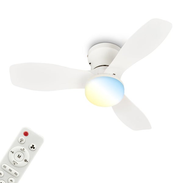 Moderner Büroraum mit weißem Deckenventilator inklusive Licht, Holzschreibtisch, Computer und grauen Stühlen auf dunklem Parkettboden.