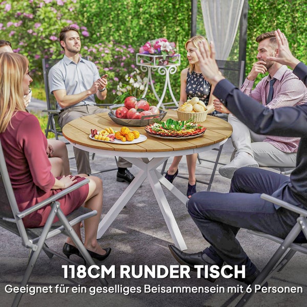 Outsunny Gartentisch Ø118cm, Wetterfest Balkontisch aus Aluminium, Beistelltisch mit Kreuzbeine Lattendesign Esstisch Outdoor, Campingtisch, rund Terrassentisch für Garten Balkon Teak