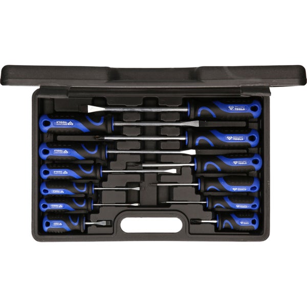 Schlitz- und Kreuzschlitzschraubendreher Set in einer schwarzen Werkzeugkiste