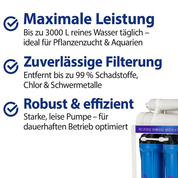 Umkehrosmoseanlage mit 3000 Liter Tagesleistung, 99 Prozent Filterleistung gegen Schadstoffe und robuster sowie leiser Pumpe.