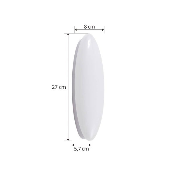 Ovale Decken- oder Wandleuchte in der Seitenansicht mit Maßen: Höhe 27 Zentimeter, Breite 8 Zentimeter, Tiefe 5,7 Zentimeter.
