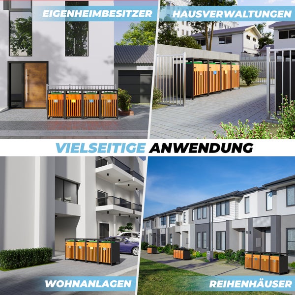ALL Premium Mülltonnenbox 2er – Abschließbar, wetterfest & edle Holzoptik, für Garten, Hof & Straße, beliebig erweiterbar, legierter Stahl robust & langlebig