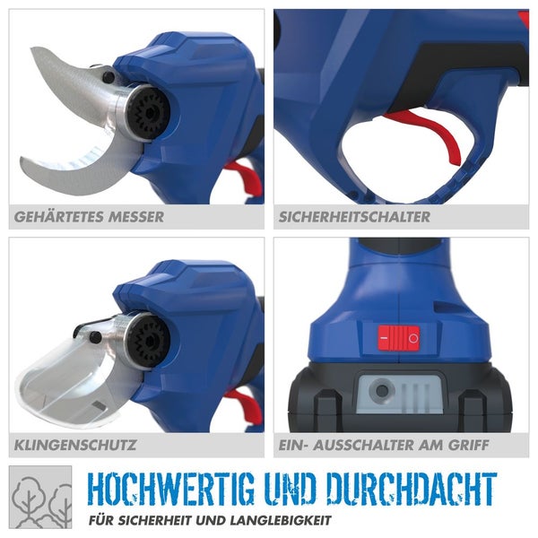 Akku-Astschere mit gehärtetem Messer, Sicherheitsschalter, Klingenschutz und Ein-Ausschalter am Griff.