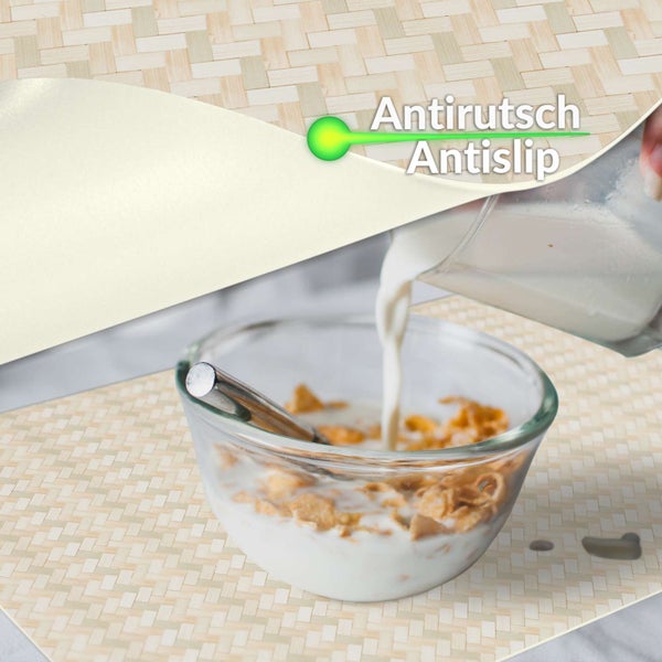 Rutschfeste Tischmatte mit geflochtener Struktur und einer Schüssel Müsli.